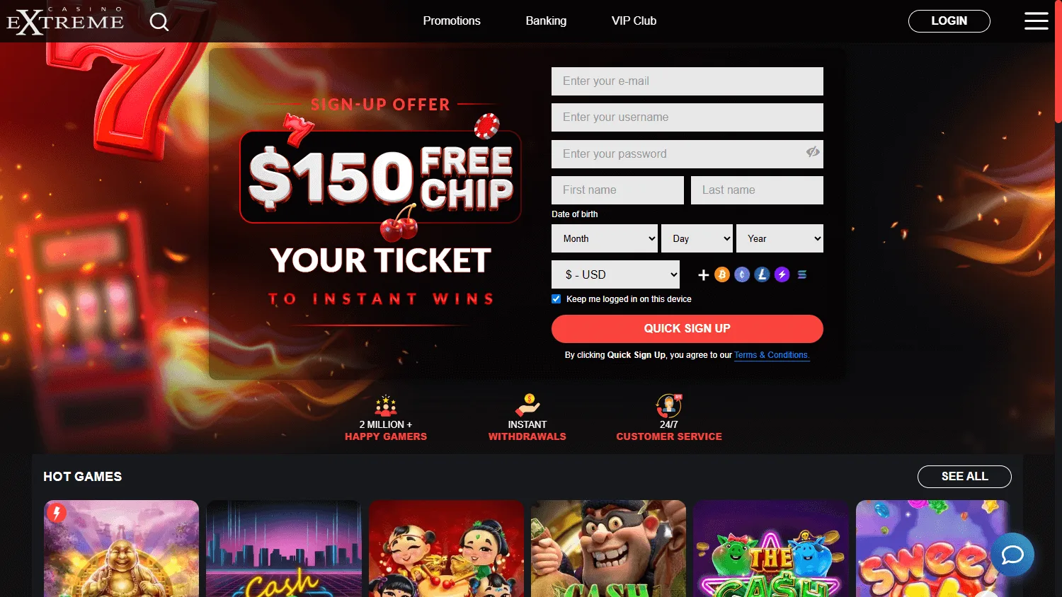 Extreme Casino home interface on desktop