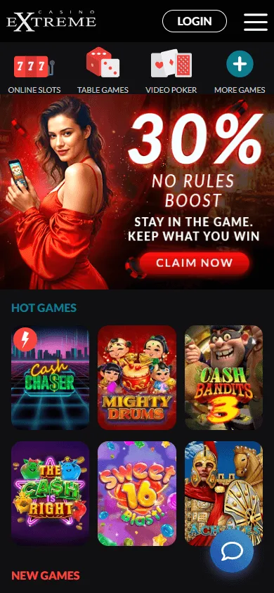 Extreme Casino games interface on a mobile device