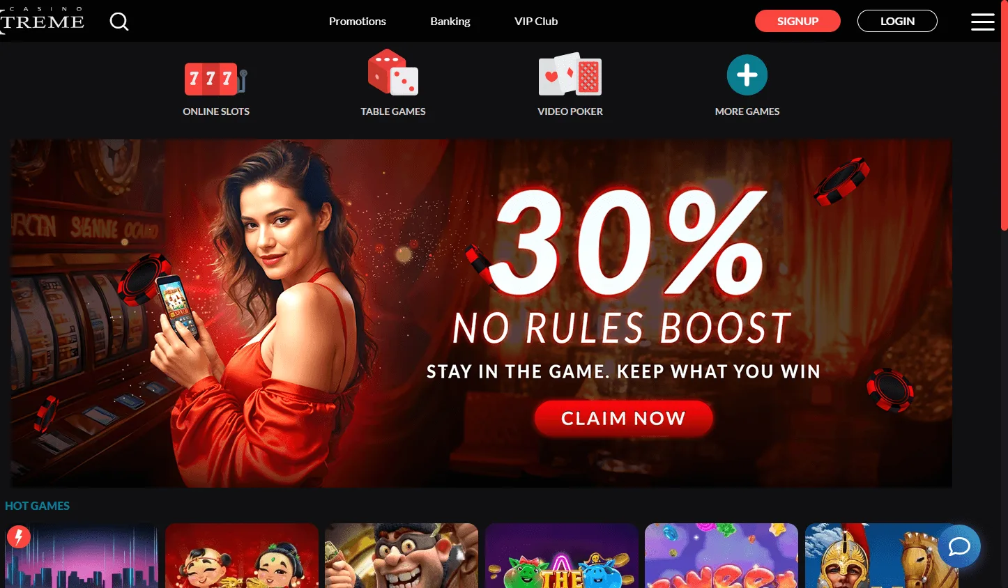 Extreme Casino games interface on desktop