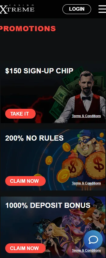 Extreme Casino promotions interface on a mobile device