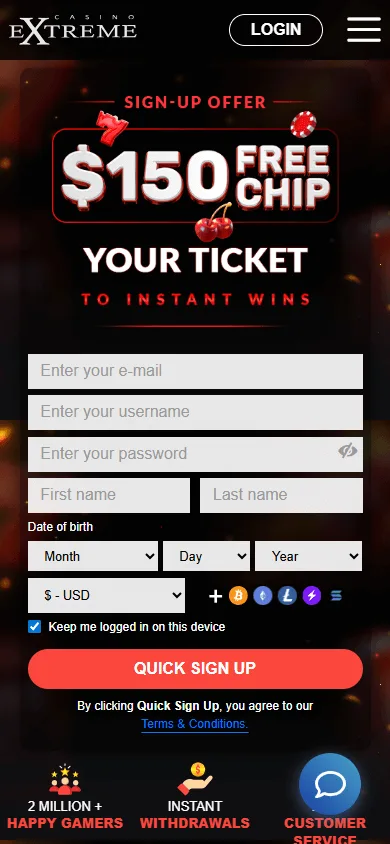 Extreme Casino home interface on a mobile device